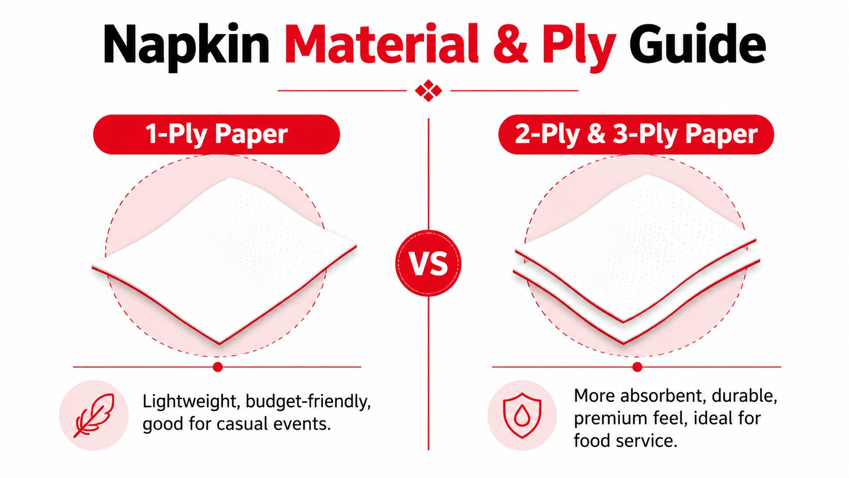 A comparison guide between 1-ply paper napkins and multi-ply paper napkins highlighting their specific usage benefits.