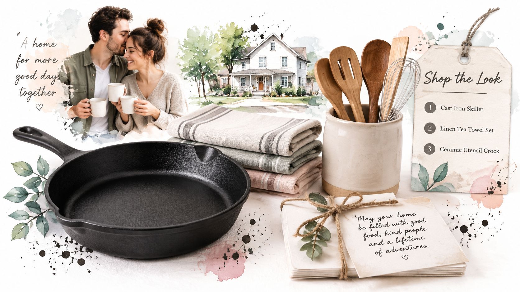 A cozy, warm aesthetic featuring a cast iron skillet, linen towels, and kitchen utensils on a table.