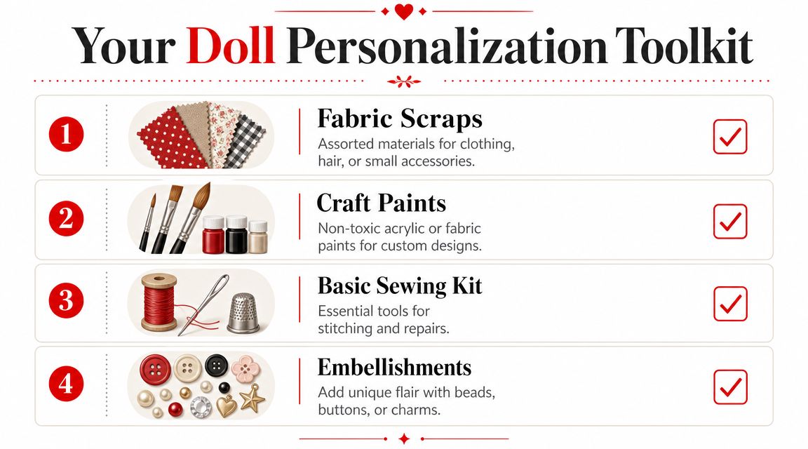 A checklist titled Your Doll Personalization Toolkit featuring four numbered craft categories with icons and descriptions.