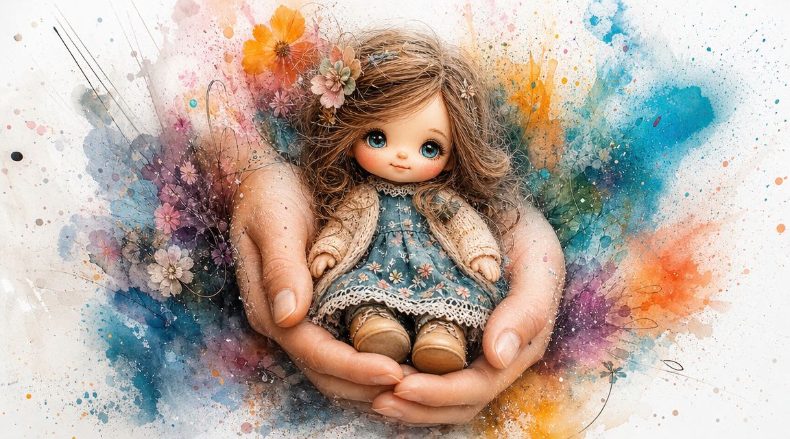 A delicate, vintage-style doll held gently within two hands, surrounded by colorful, artistic watercolor floral splatters.