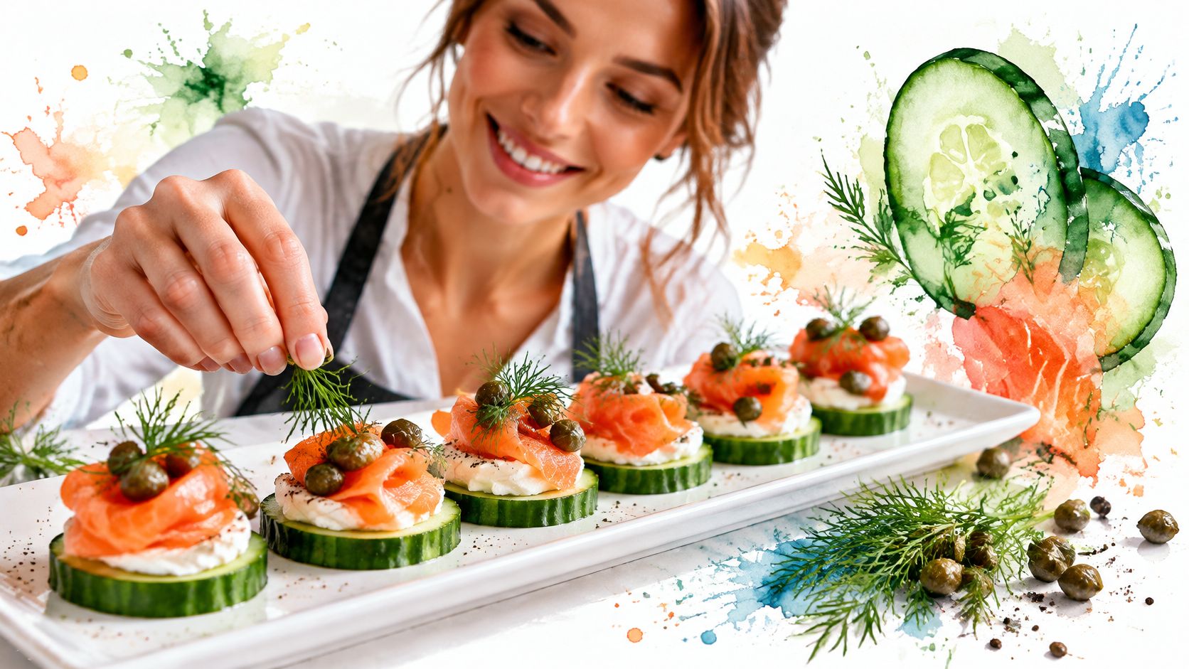 A smiling chef carefully garnishing fresh salmon and cucumber appetizers with dill for a party platter.