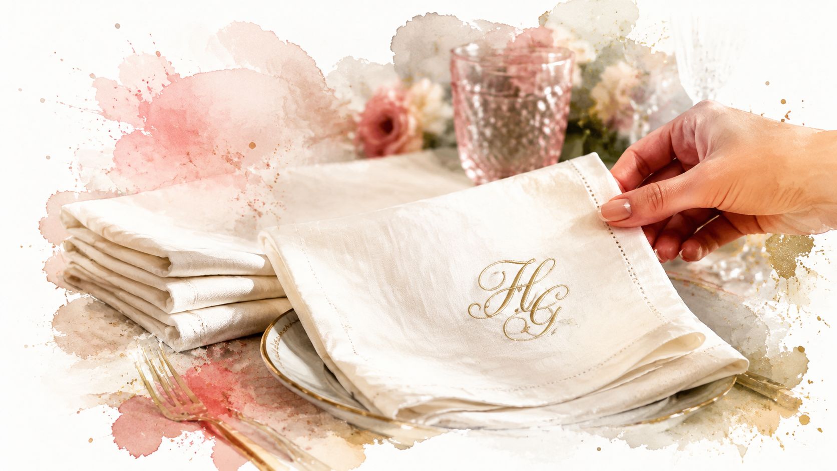 A hand holding a white linen napkin with gold embroidered initials resting on a formal place setting.