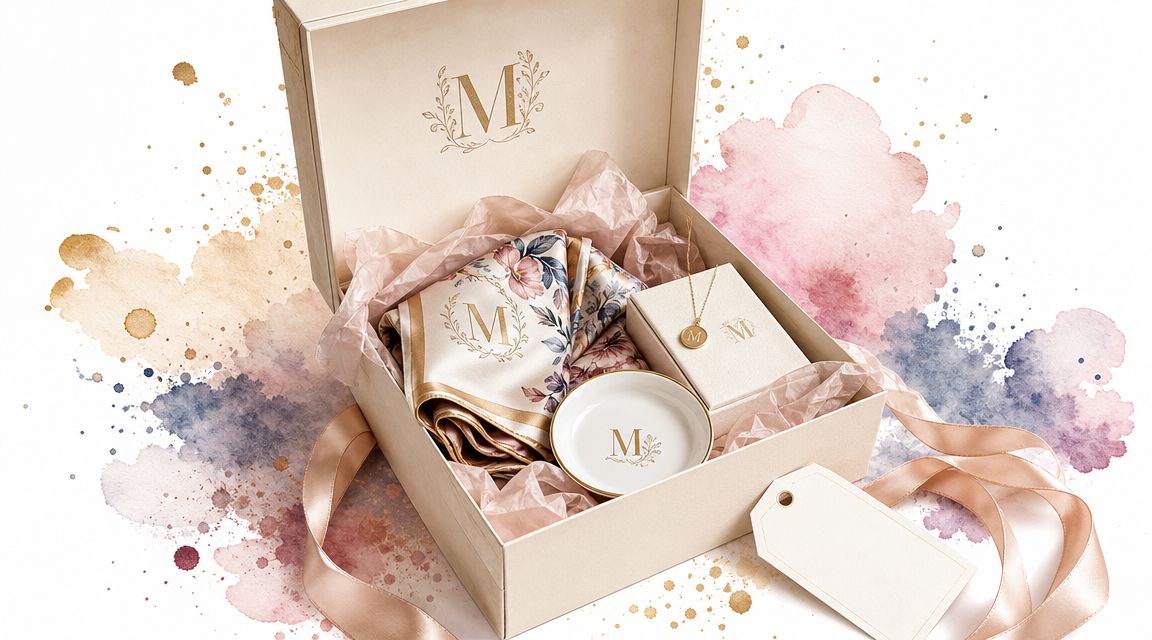 An elegant gift box featuring a silk scarf, a small tray, and a gold necklace, all personalized with letter M.
