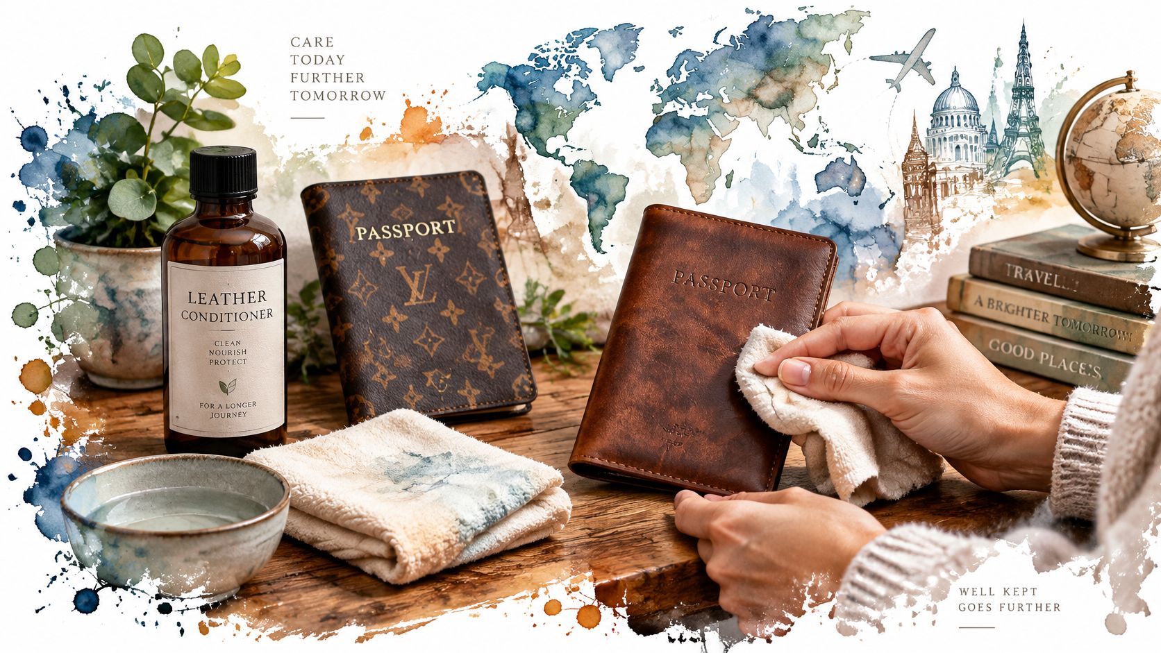 A person cleaning a brown leather passport holder with a cloth beside a luxury patterned passport cover.