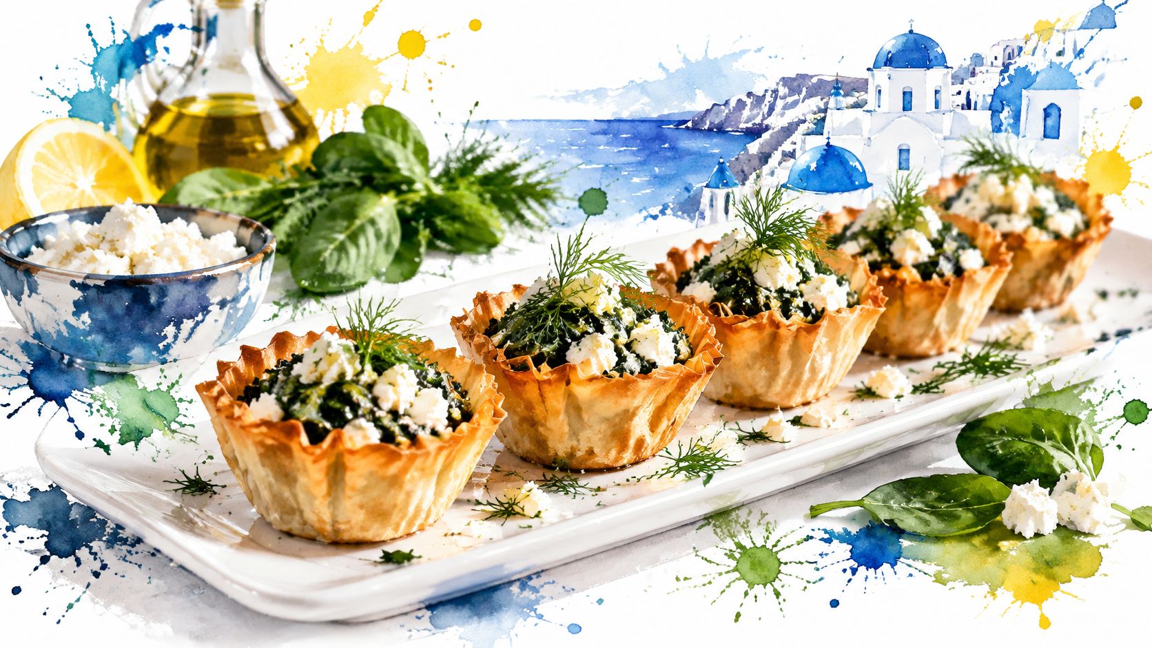 Delicious spinach and feta cheese phyllo pastry cups arranged on a white platter for a party.