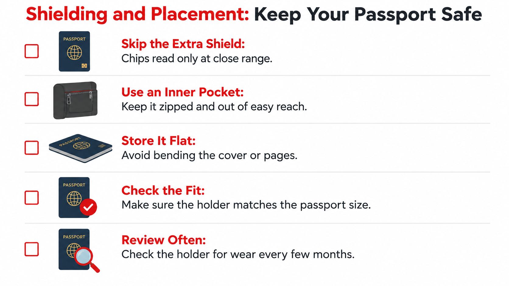 A list of five tips for keeping your passport safe, including storage, placement, and maintenance advice.
