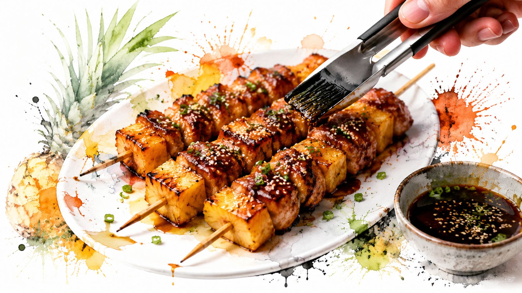 A hand uses a brush to baste glaze onto delicious pineapple and pork skewers on a plate.
