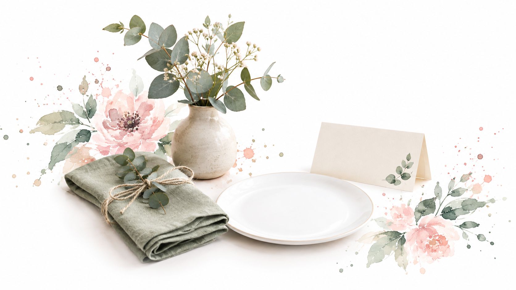 A beautiful bridal shower place setting featuring a minimalist plate, linen napkin, and delicate watercolor floral arrangement.
