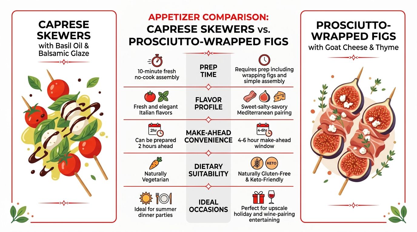 A comparison infographic between Caprese skewers and prosciutto-wrapped figs, detailing prep time, flavor, and suitability.