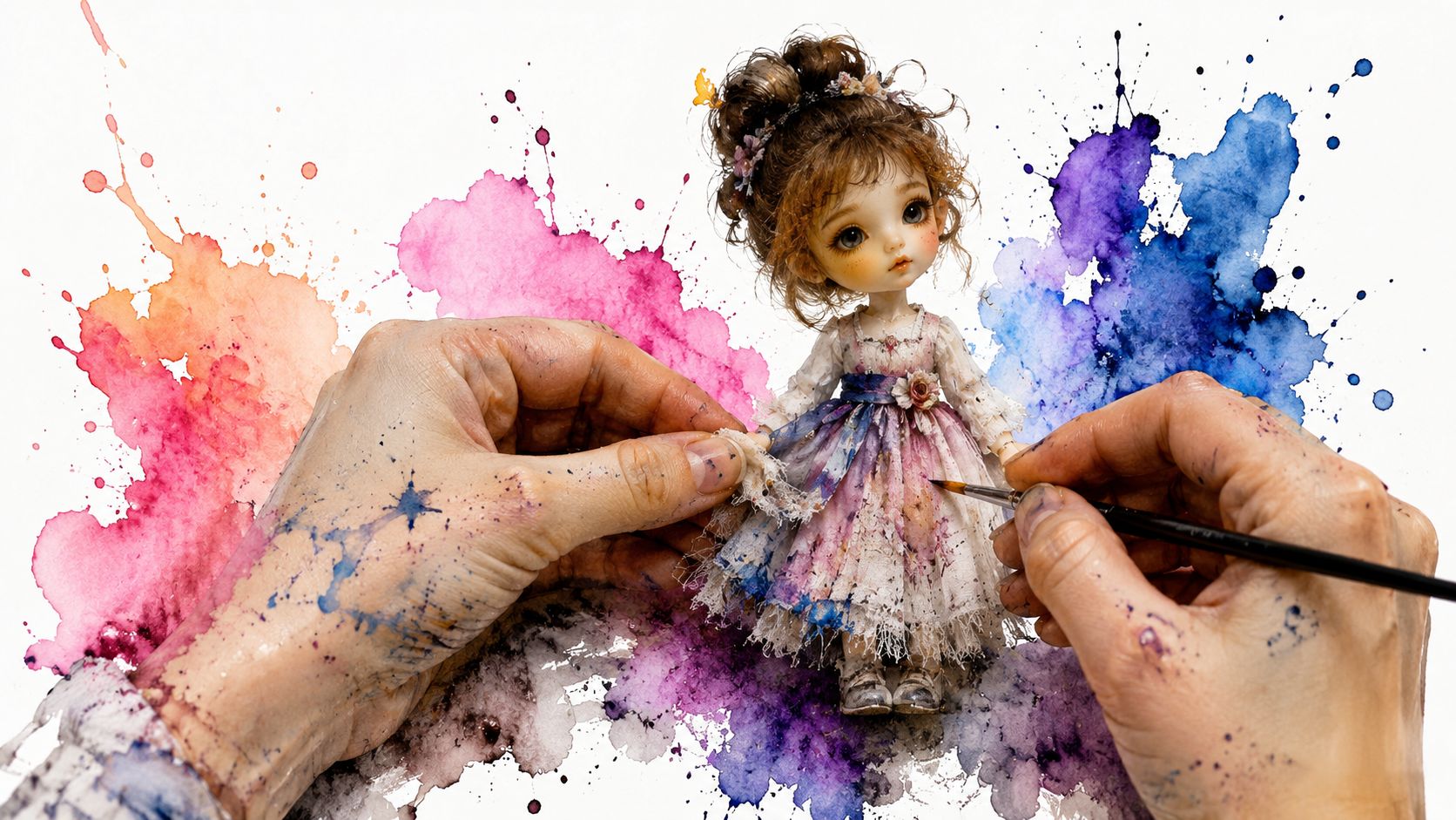An artist's hands using a thin paintbrush to customize the dress of a beautiful detailed doll.
