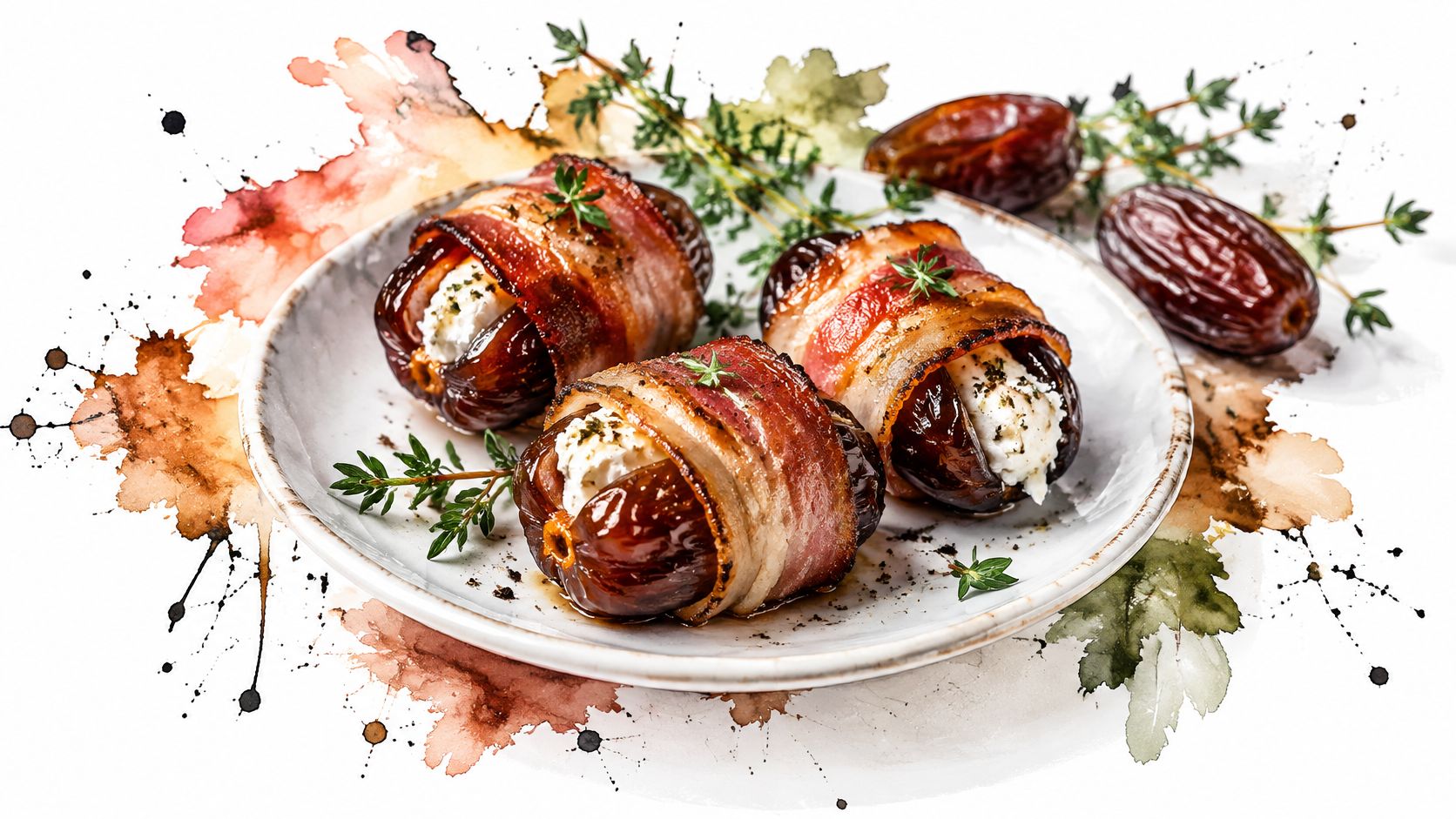 A plate of delicious bacon-wrapped dates stuffed with creamy cheese and garnished with fresh thyme sprigs.