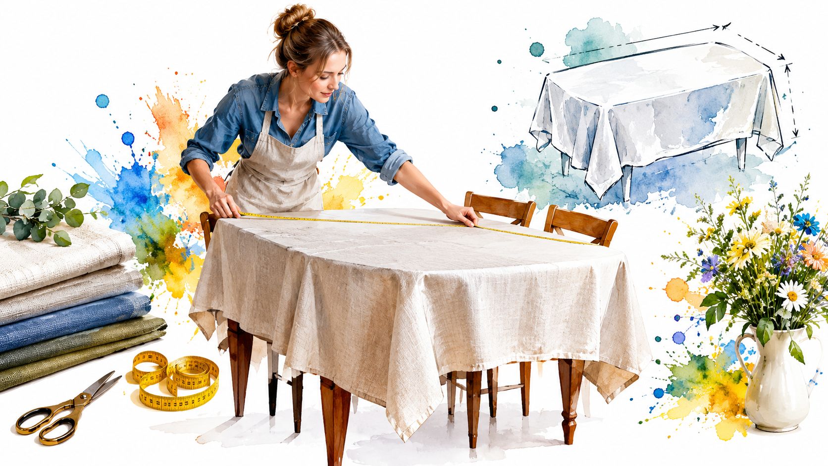 A woman measuring a tan linen tablecloth draped over a dining table in a workshop setting.