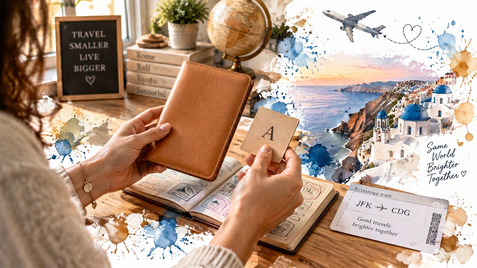 Person holding a brown leather passport holder and a personalized leather tag with an A letter.