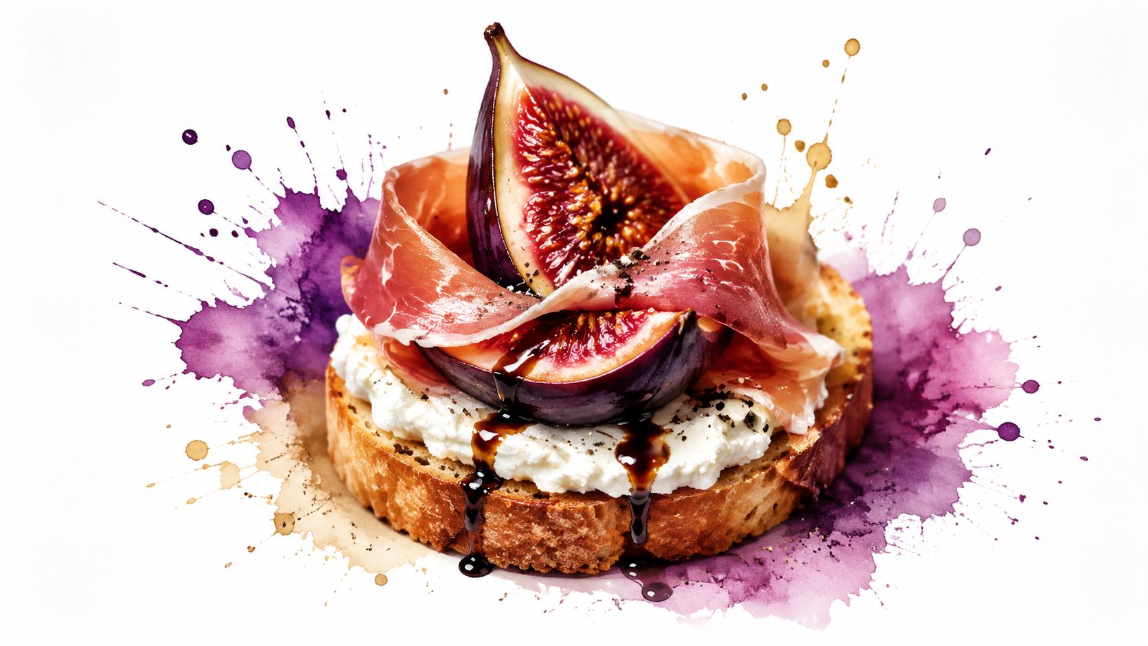 A gourmet toasted bread canapé topped with fresh fig slices, prosciutto, creamy cheese, and balsamic glaze drizzle.