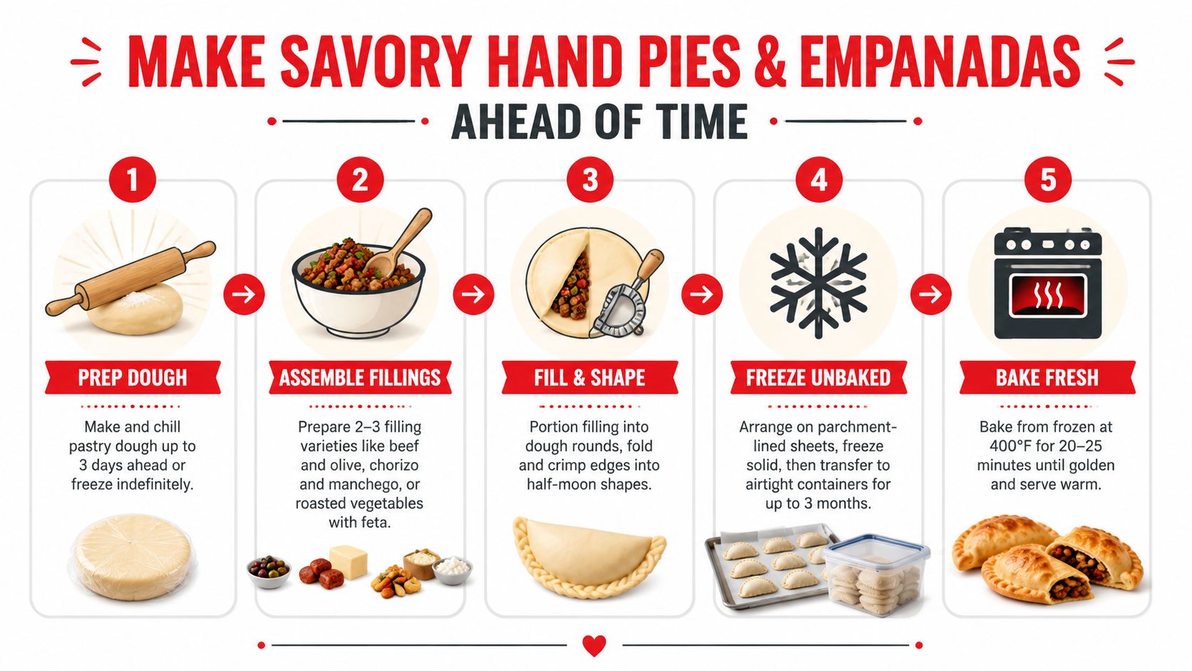 An infographic showing five easy steps to make and store savory hand pies and empanadas ahead of time.