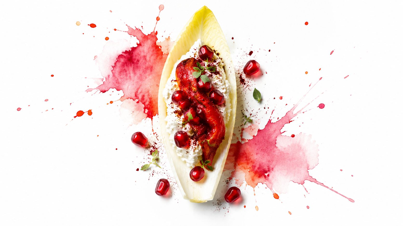 A sophisticated endive canape topped with creamy cheese, roasted red pepper, pomegranate arils, and herbs on white.