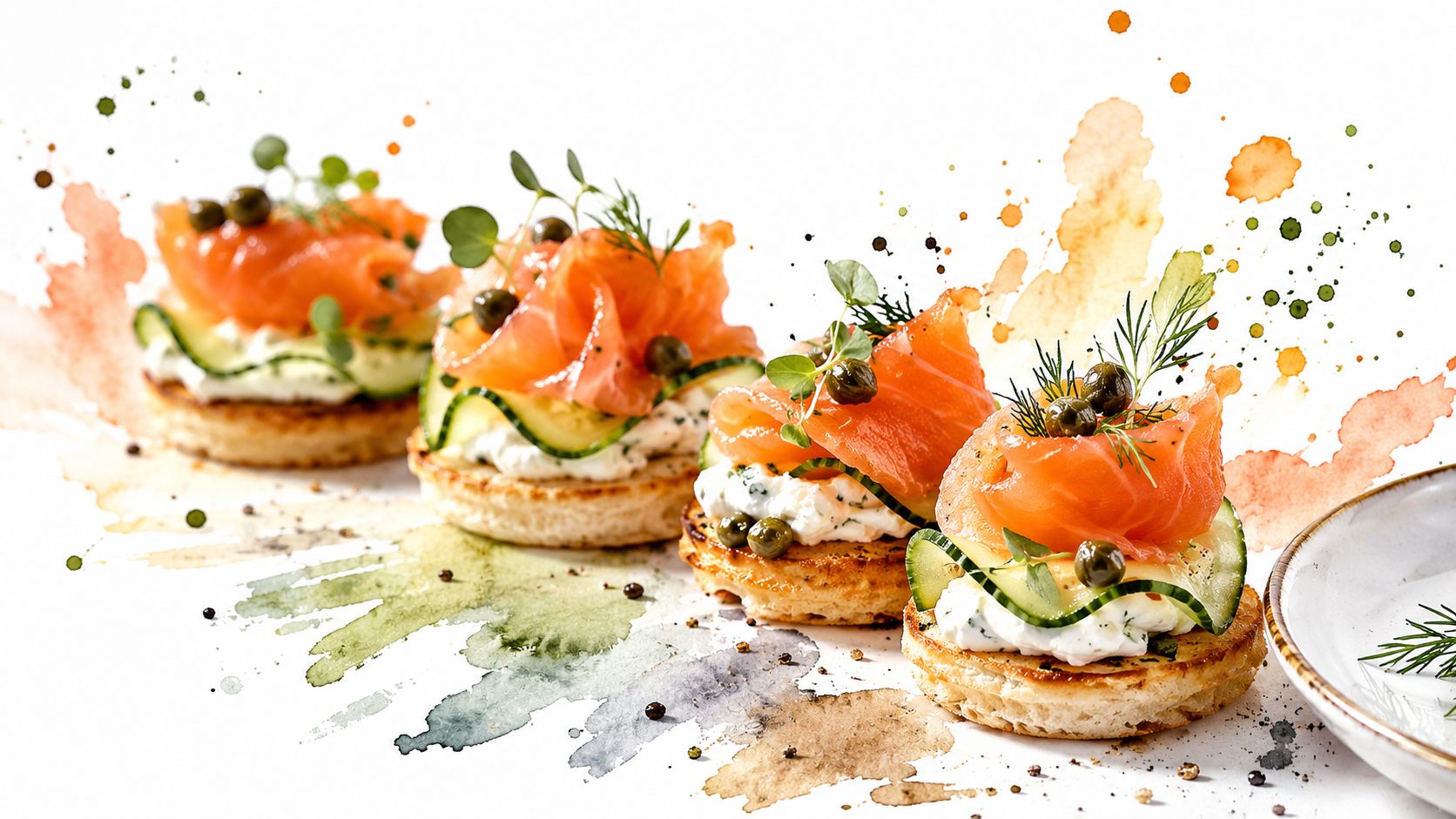 Gourmet appetizer bites featuring smoked salmon, cream cheese, and cucumber slices on toasted bread rounds.