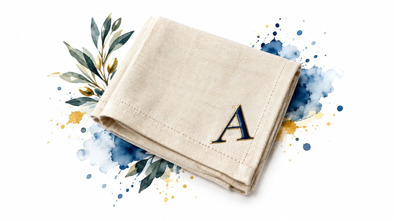 A beige linen napkin with an elegant gold and navy blue letter A monogram, surrounded by watercolor art.