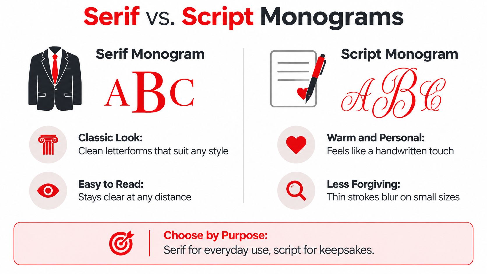 A comparison infographic between serif and script font styles for personalized monogram designs.