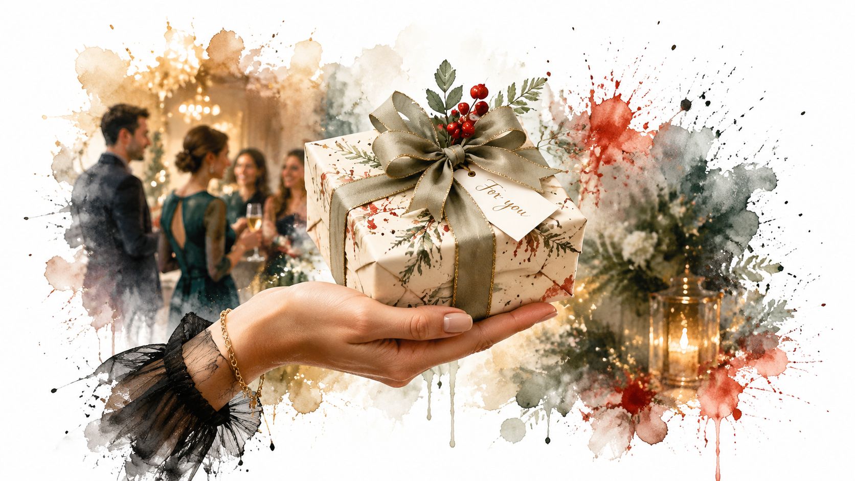 A hand holding a beautifully wrapped Christmas gift with a festive tag in front of a party.