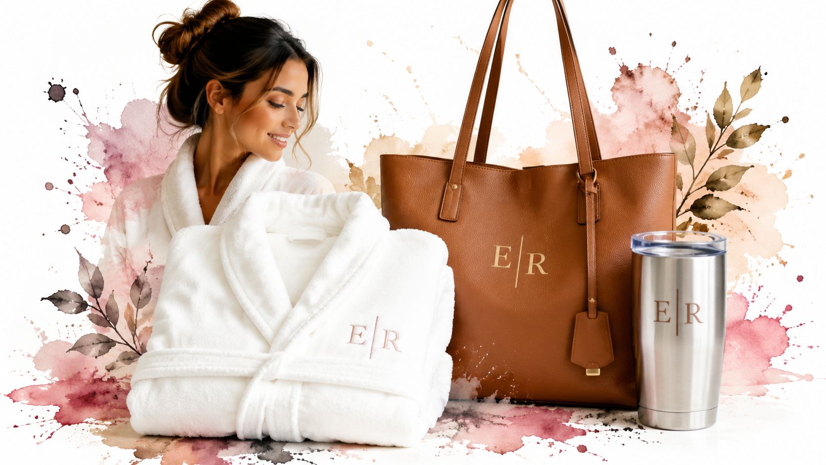 A woman smiling next to a white bathrobe, a brown leather tote bag, and a stainless steel tumbler, all featuring the monogram E|R.