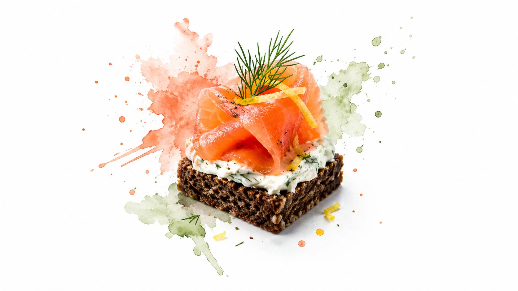 A single smoked salmon canape on dark rye bread topped with cream cheese and fresh dill garnish.