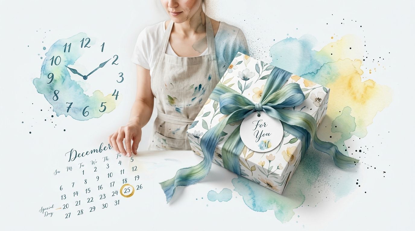 A woman wrapping a gift with a floral print on a background with a December calendar.