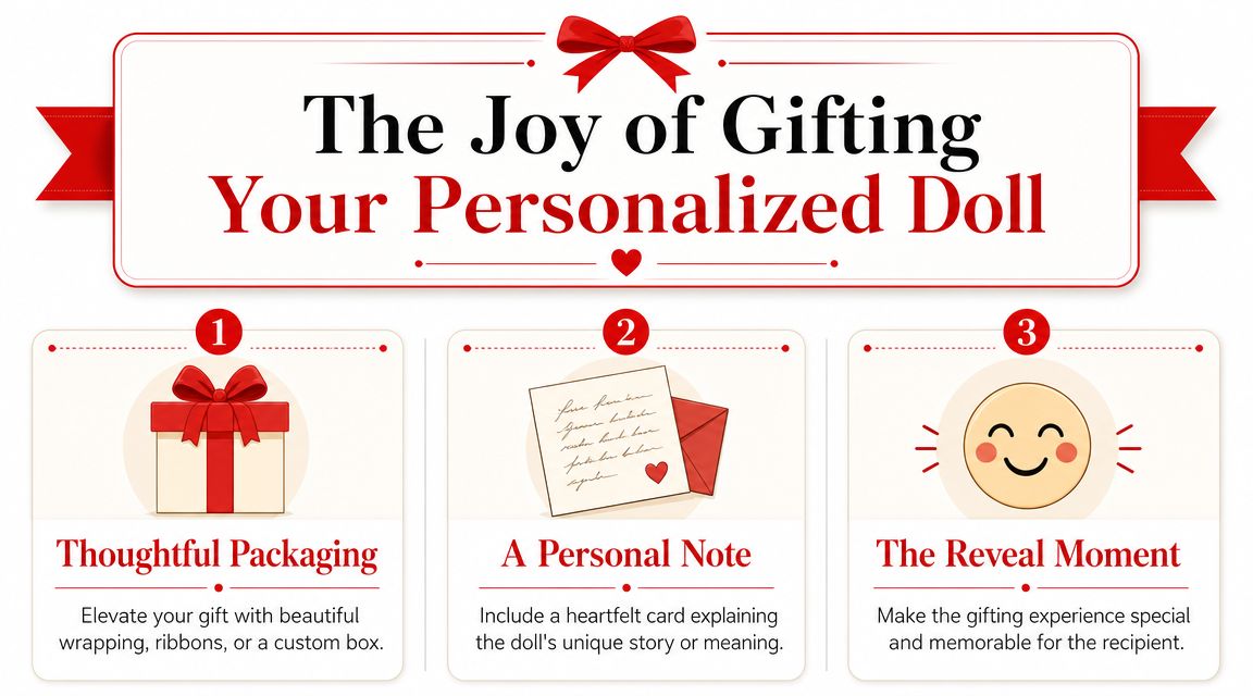 A graphic design titled The Joy of Gifting Your Personalized Doll featuring three steps for gifting.