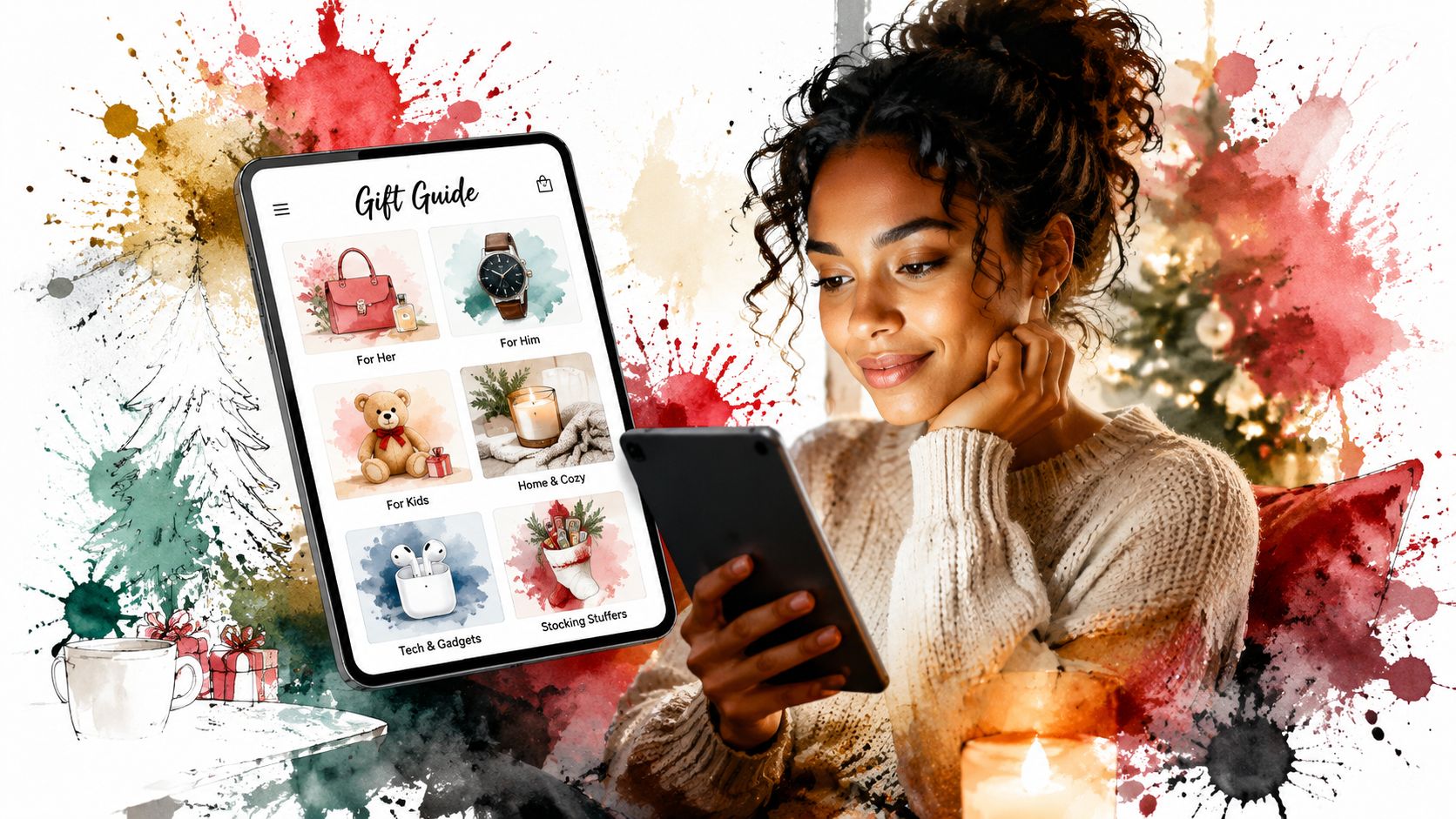 A smiling woman holding a tablet displaying a festive holiday gift guide with various shopping categories.