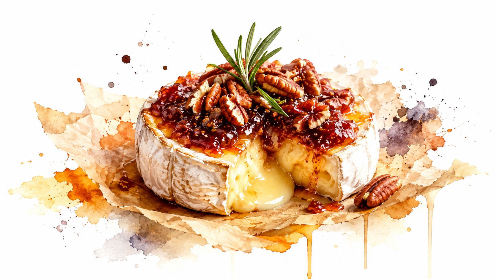 A wheel of baked brie cheese topped with fig jam and pecans on parchment paper.