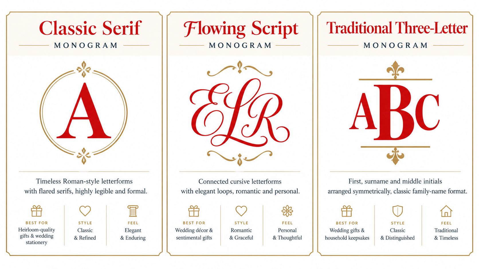 A guide showcasing three distinct monogram font styles including Classic Serif, Flowing Script, and Traditional Three-Letter designs.