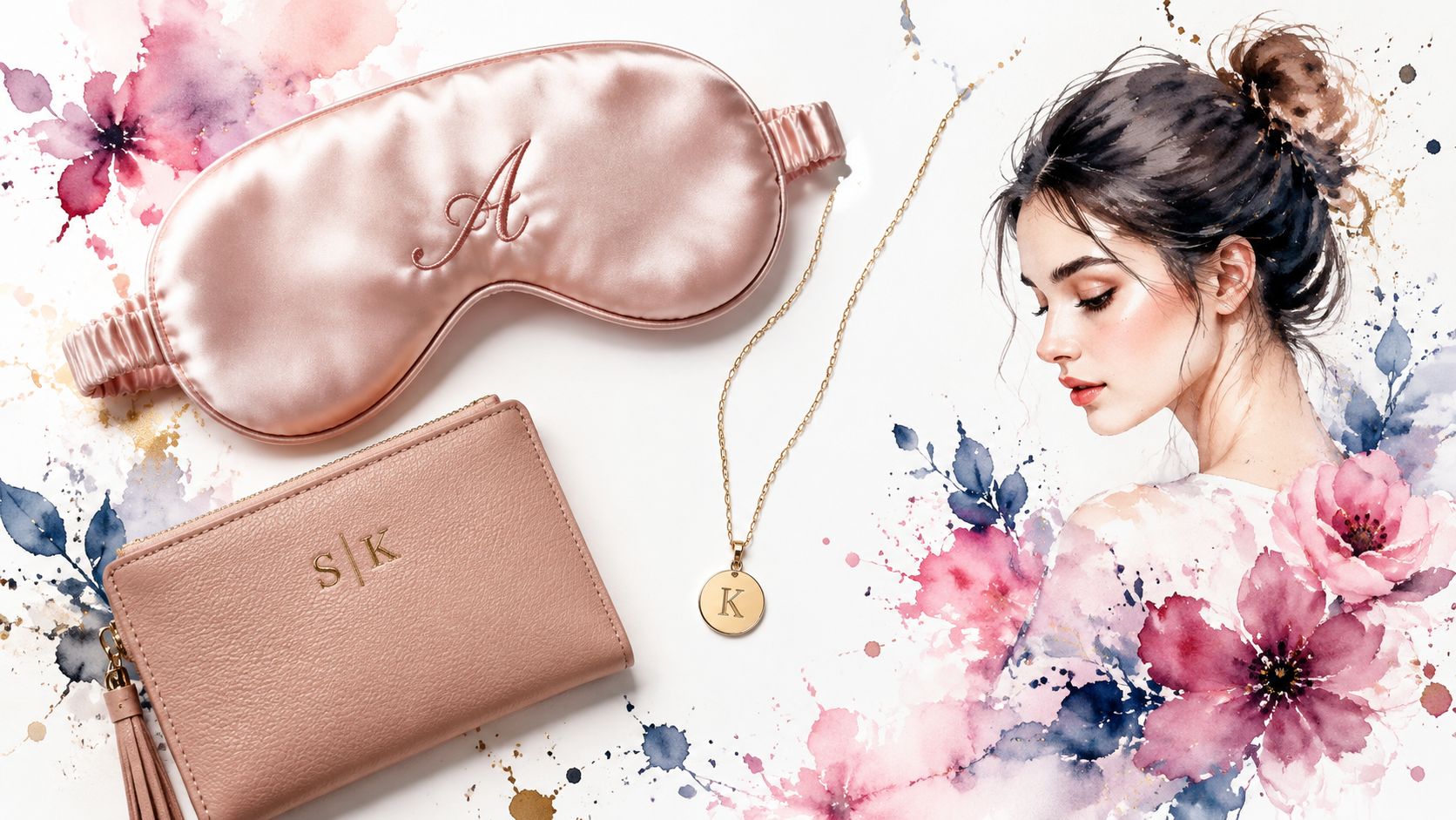 A luxurious flatlay featuring a monogrammed silk sleep mask, a leather pouch, and a gold necklace next to a woman.