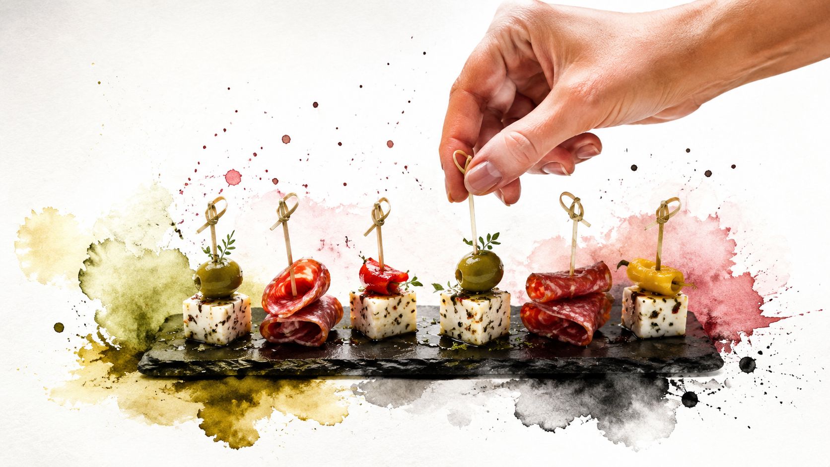 A hand placing an appetizer skewer with cheese, salami, and olives on a dark slate serving board.