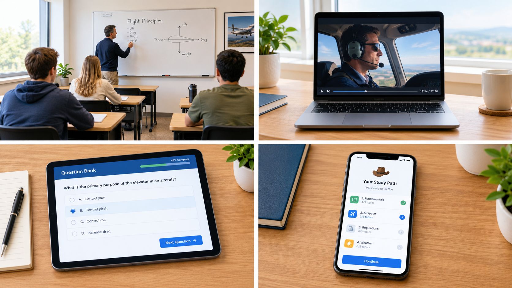A composite image showing flight training study materials including a classroom, laptop, tablet quiz, and mobile app.