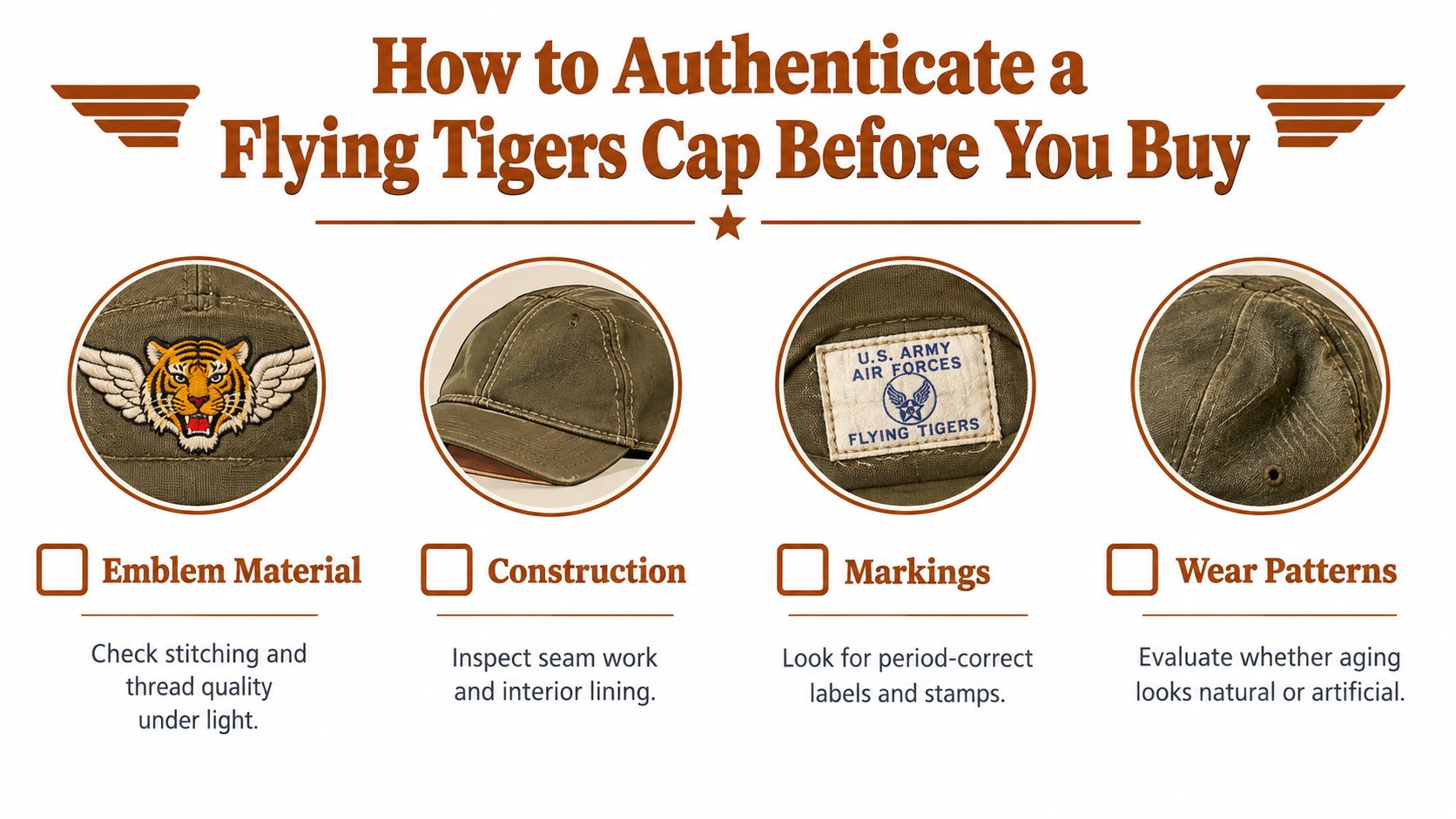 An infographic detailing four key steps to verify the authenticity of a vintage Flying Tigers military cap.