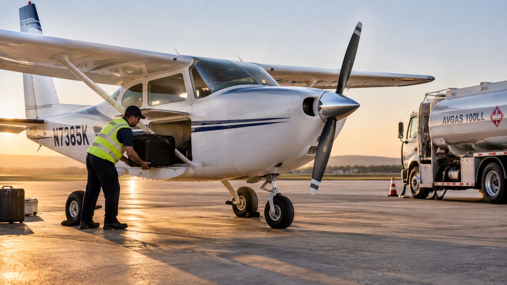 An aviation worker loading luggage into a small single-engine aircraft during a sunset at an airport.