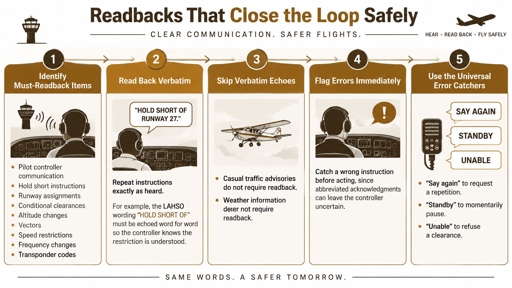 An infographic detailing five steps for safe aviation pilot and air traffic controller radio communication procedures.