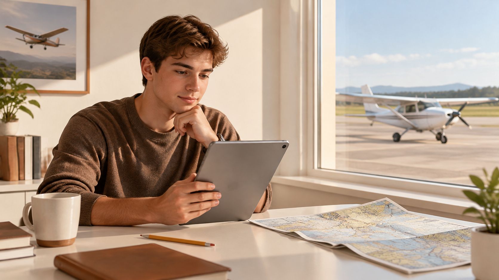 A young man sitting at a desk with a tablet, preparing for flight training near an airfield.
