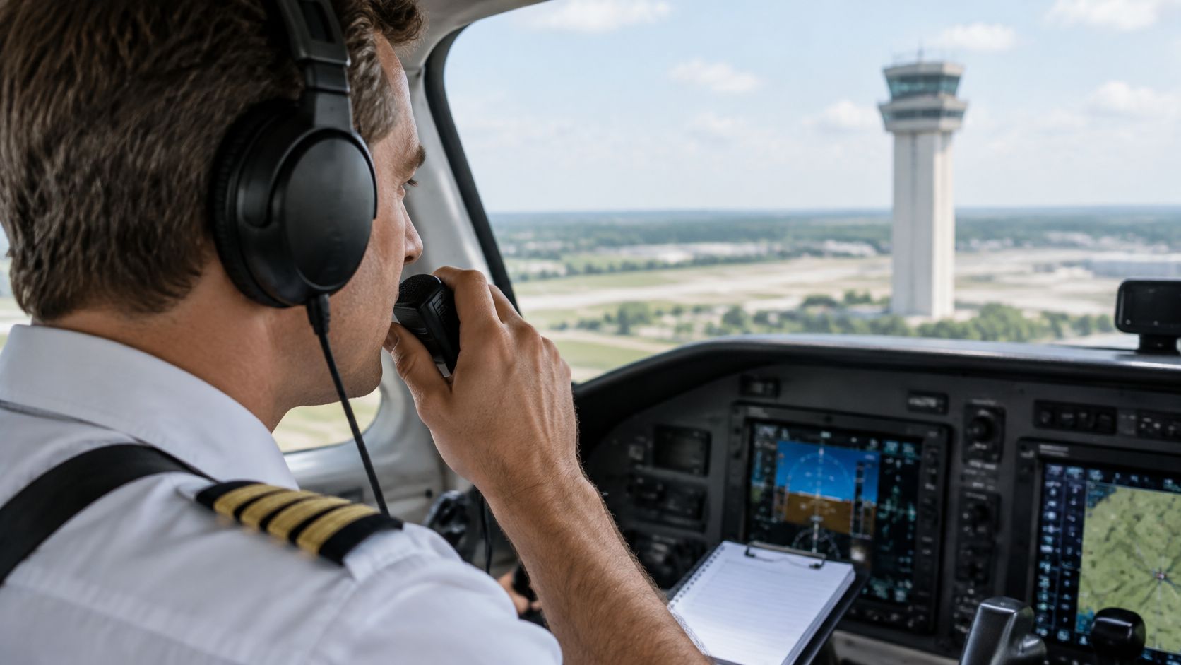 A professional pilot wearing headphones communicates over a radio while flying an airplane toward a control tower.