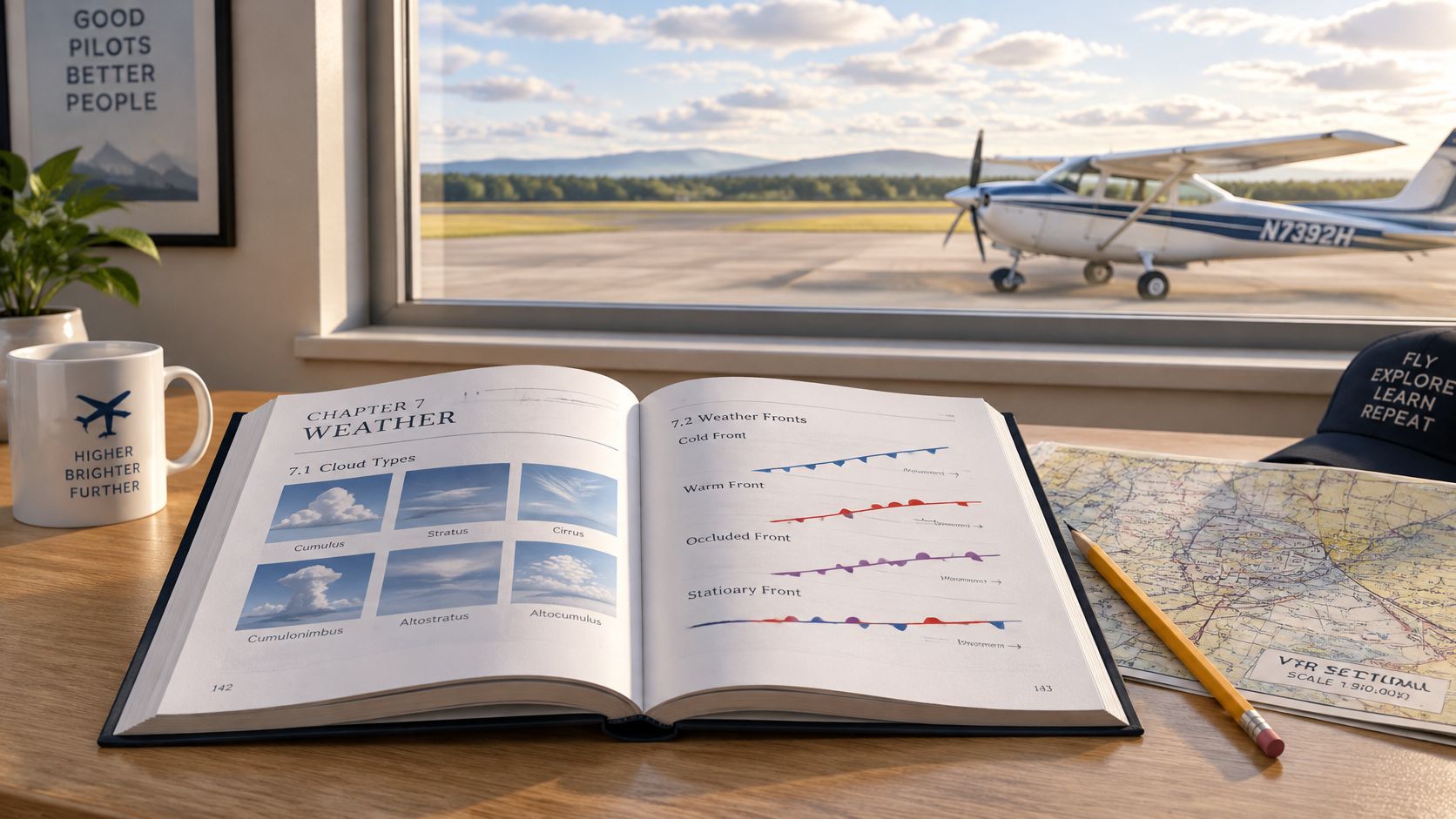 An open textbook about aviation weather on a desk near a window overlooking a parked airplane.