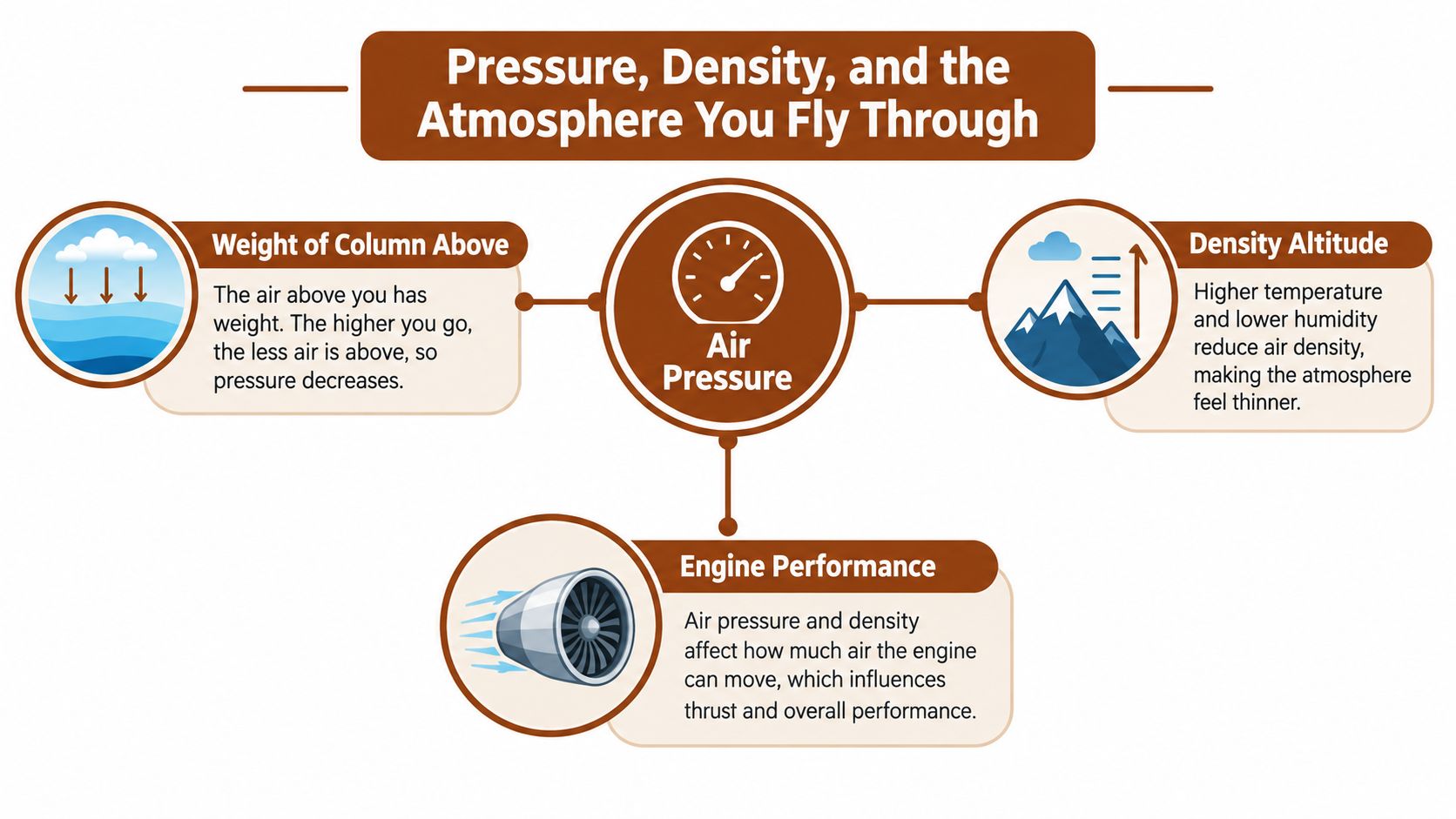 An infographic showing how air pressure, density, and altitude influence engine performance during flight.