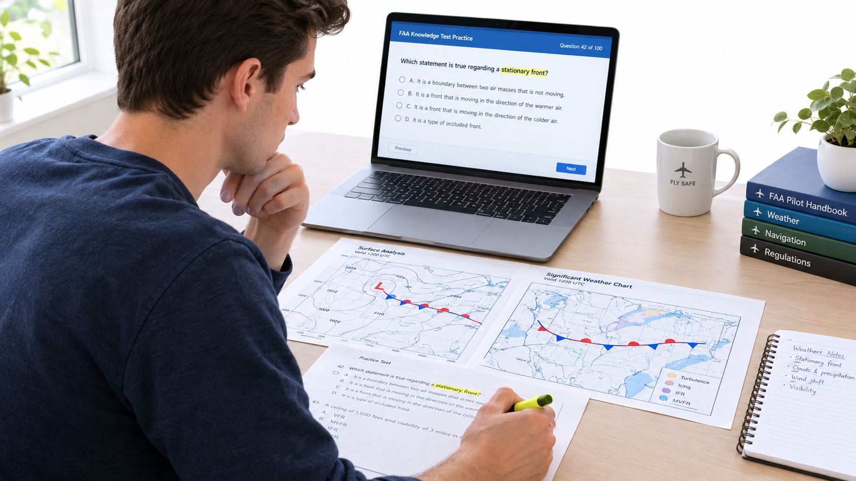 A student studying for an FAA pilot written exam using a laptop and weather chart documents.