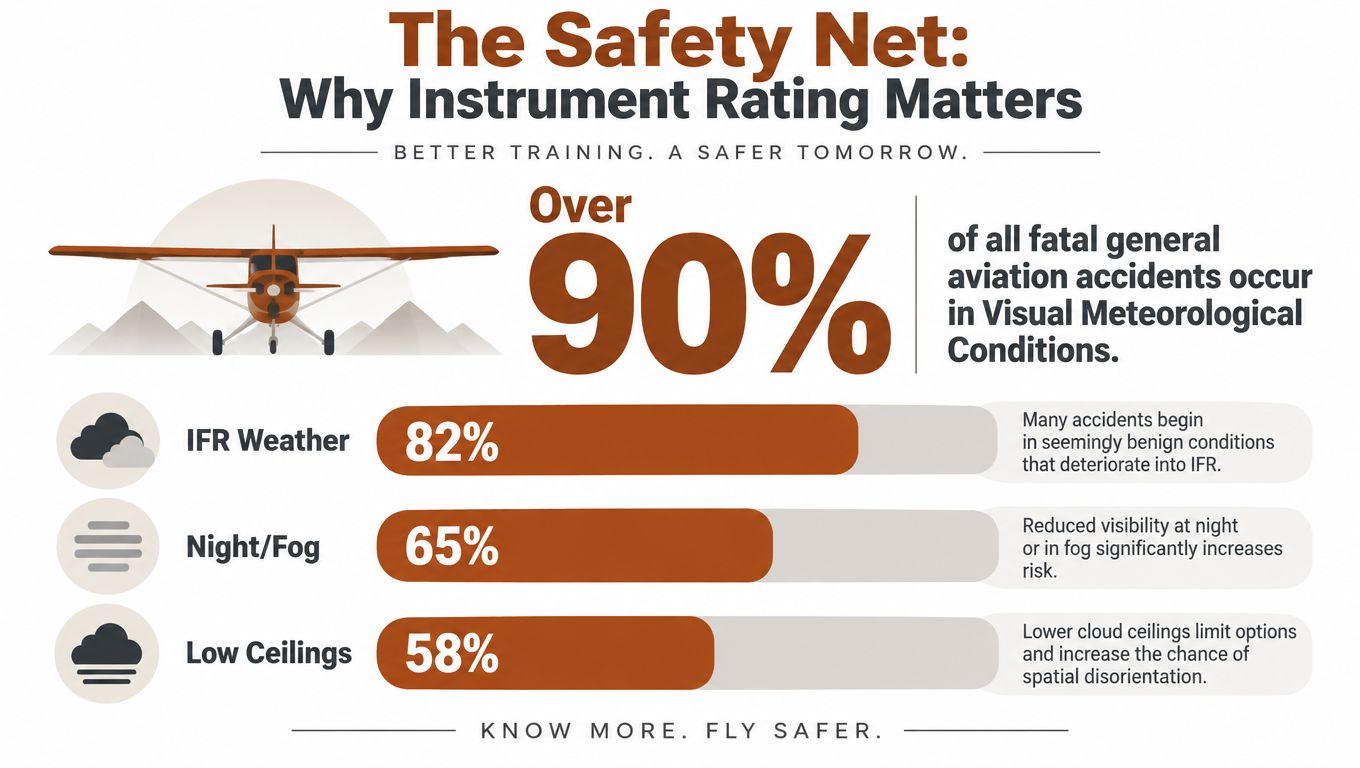 An infographic highlighting the importance of instrument ratings in general aviation to prevent fatal weather-related accidents.