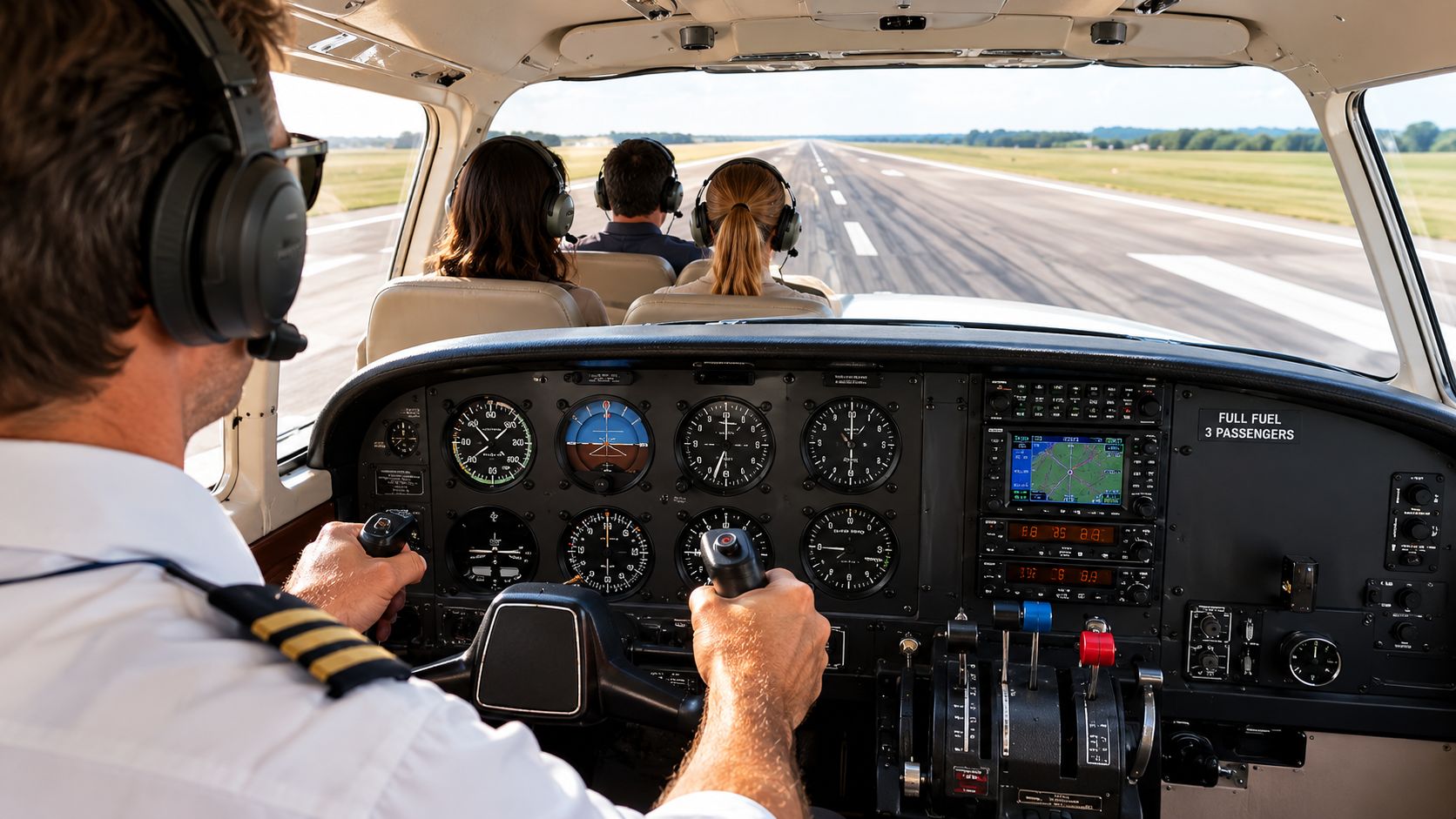 A view from the cockpit of a light aircraft as the pilot prepares for takeoff on a runway.