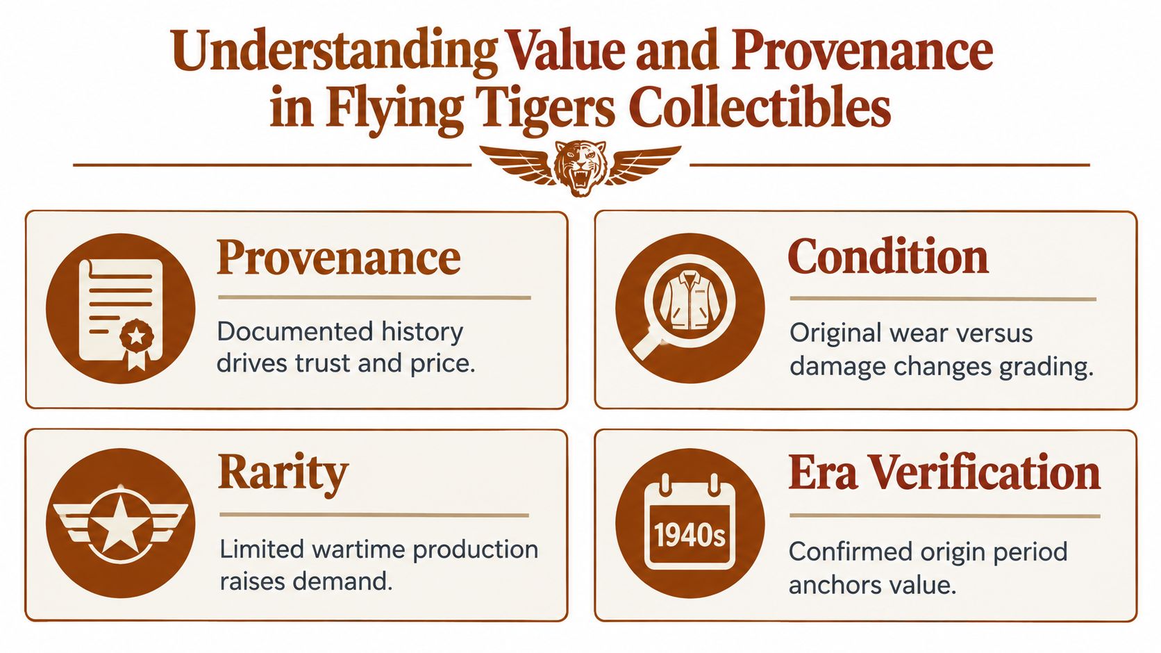 An infographic detailing the four key factors for determining the value of Flying Tigers aviation collectibles.