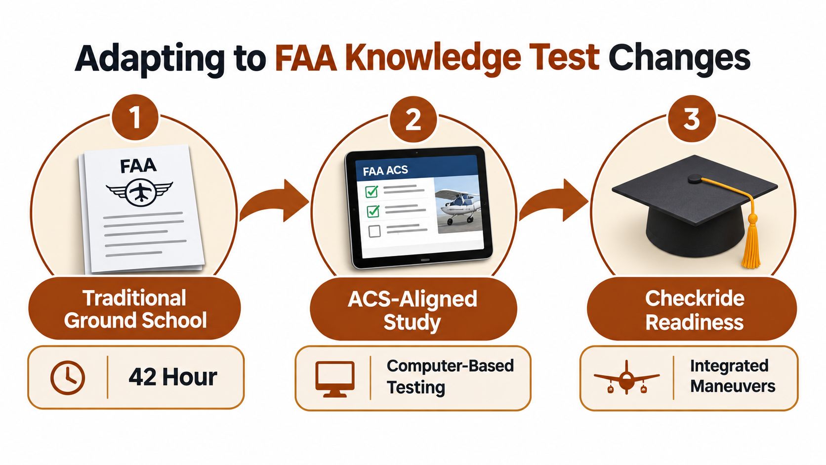 A three-step diagram outlining the process of adapting to FAA knowledge test changes for flight training.