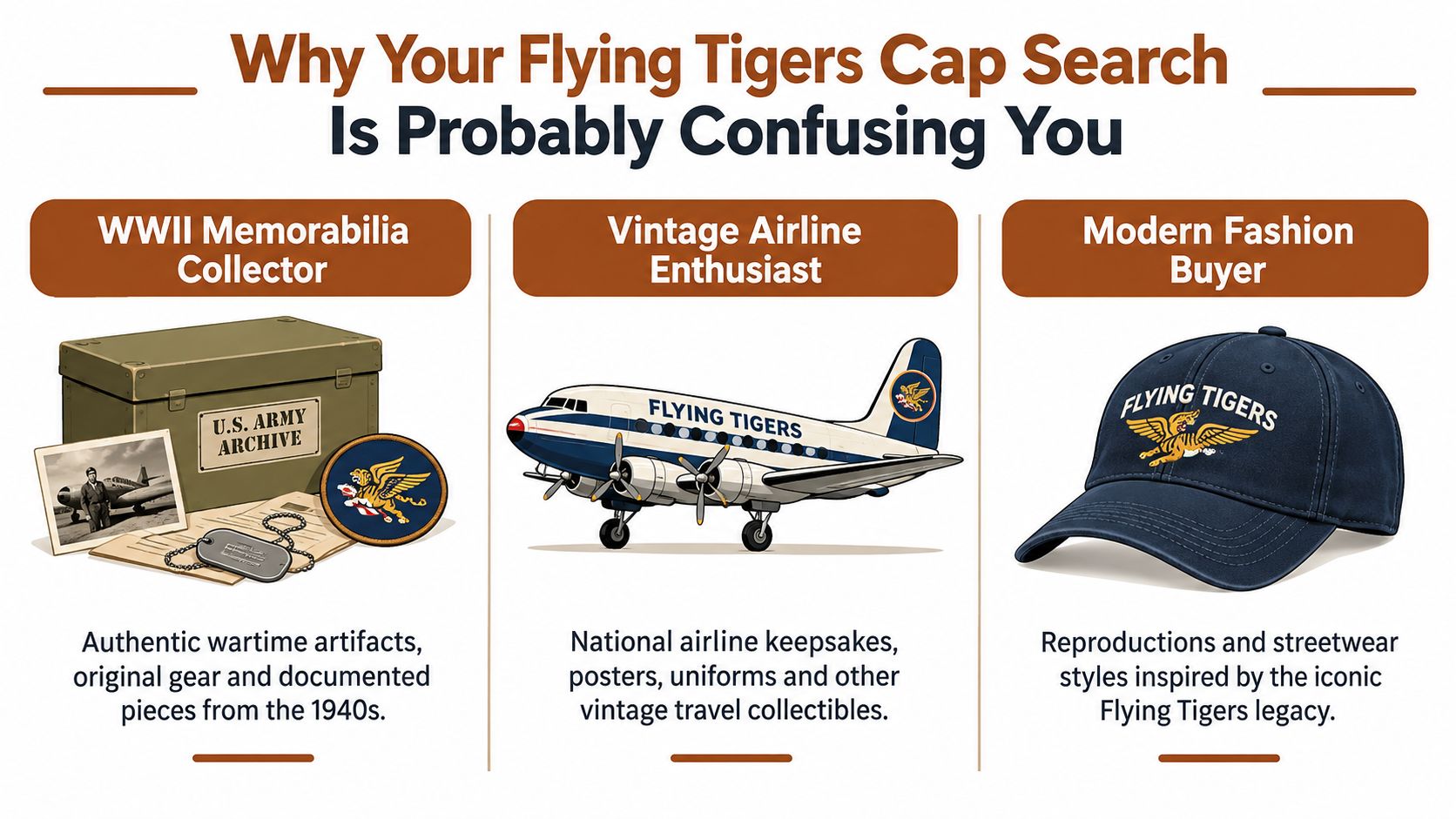 An infographic titled Why Your Flying Tigers Cap Search Is Probably Confusing You with three distinct categories.