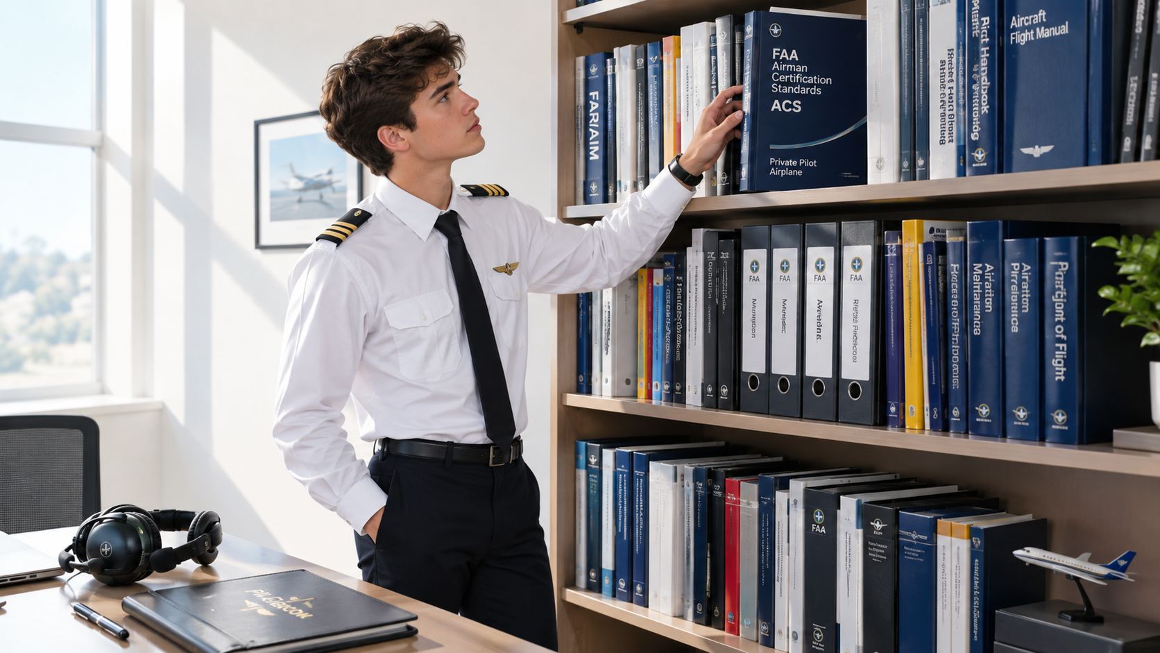 A young pilot in uniform selecting a flight training manual from a bookshelf in an office.