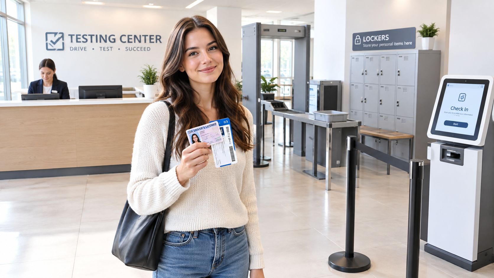 A young woman standing in a modern testing center, holding her identification card before checking in for an exam.