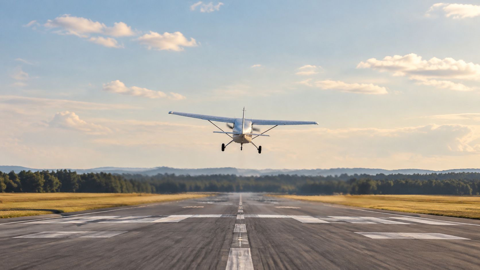 A small light aircraft taking off from an airport runway during a clear, sunny day.